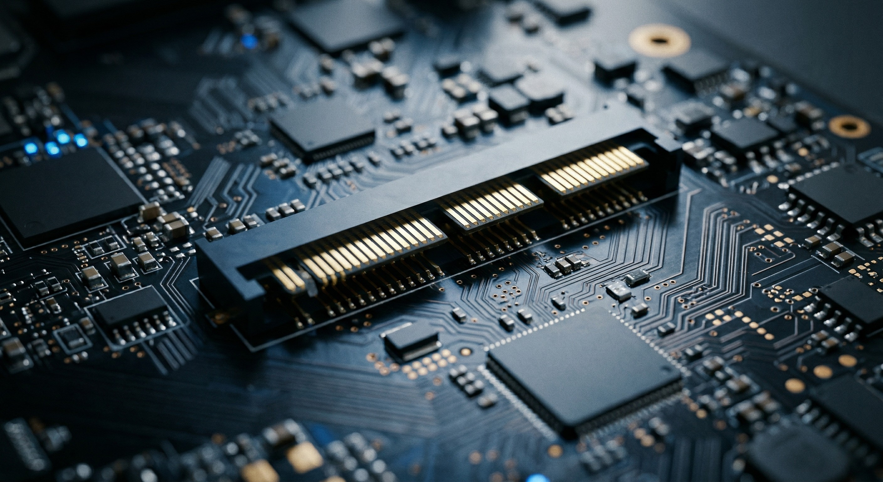 Macro shot of a high-performance server motherboard interface with gold pins and precise PCB traces, designed for next-generation PCIe Gen 6 data throughput